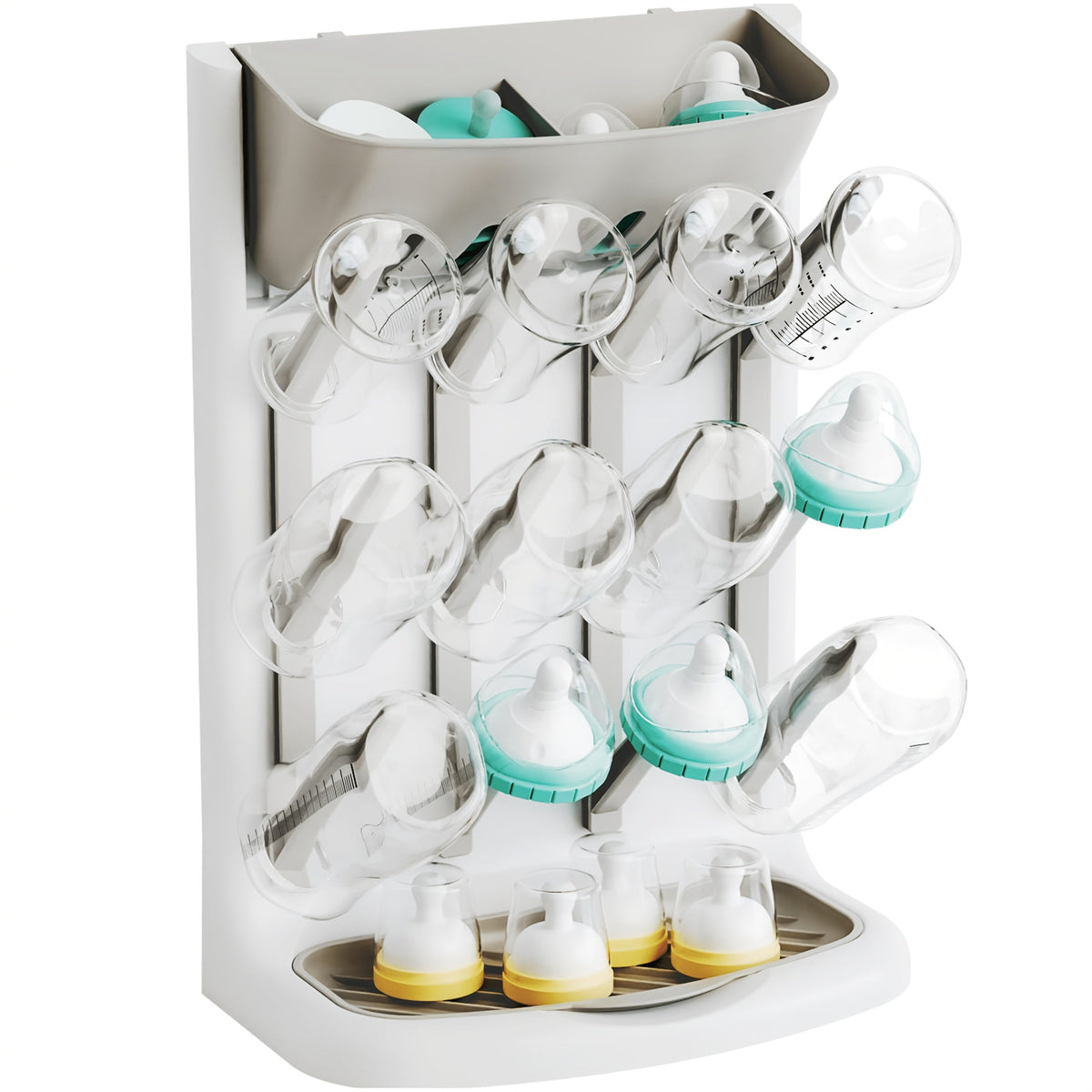 Baby Bottle Drying Rack, Vertical Angled Pegs and a Bottom Tray for Compact Kitchen Countertop Storage