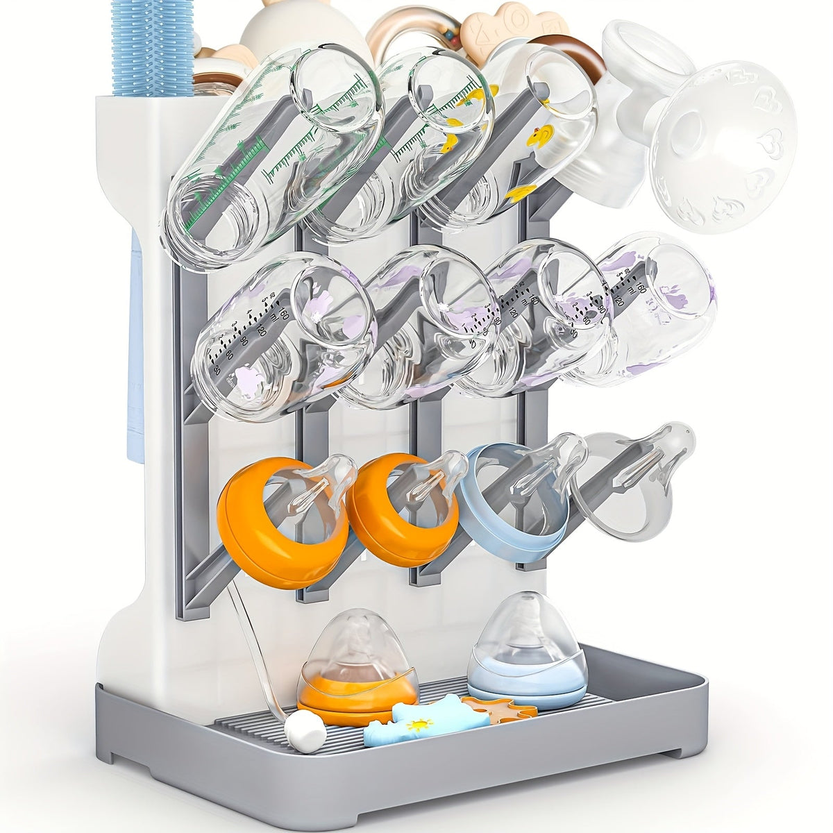 Baby Bottle Drying Rack, Vertical Angled Pegs and a Bottom Tray for Compact Kitchen Countertop Storage