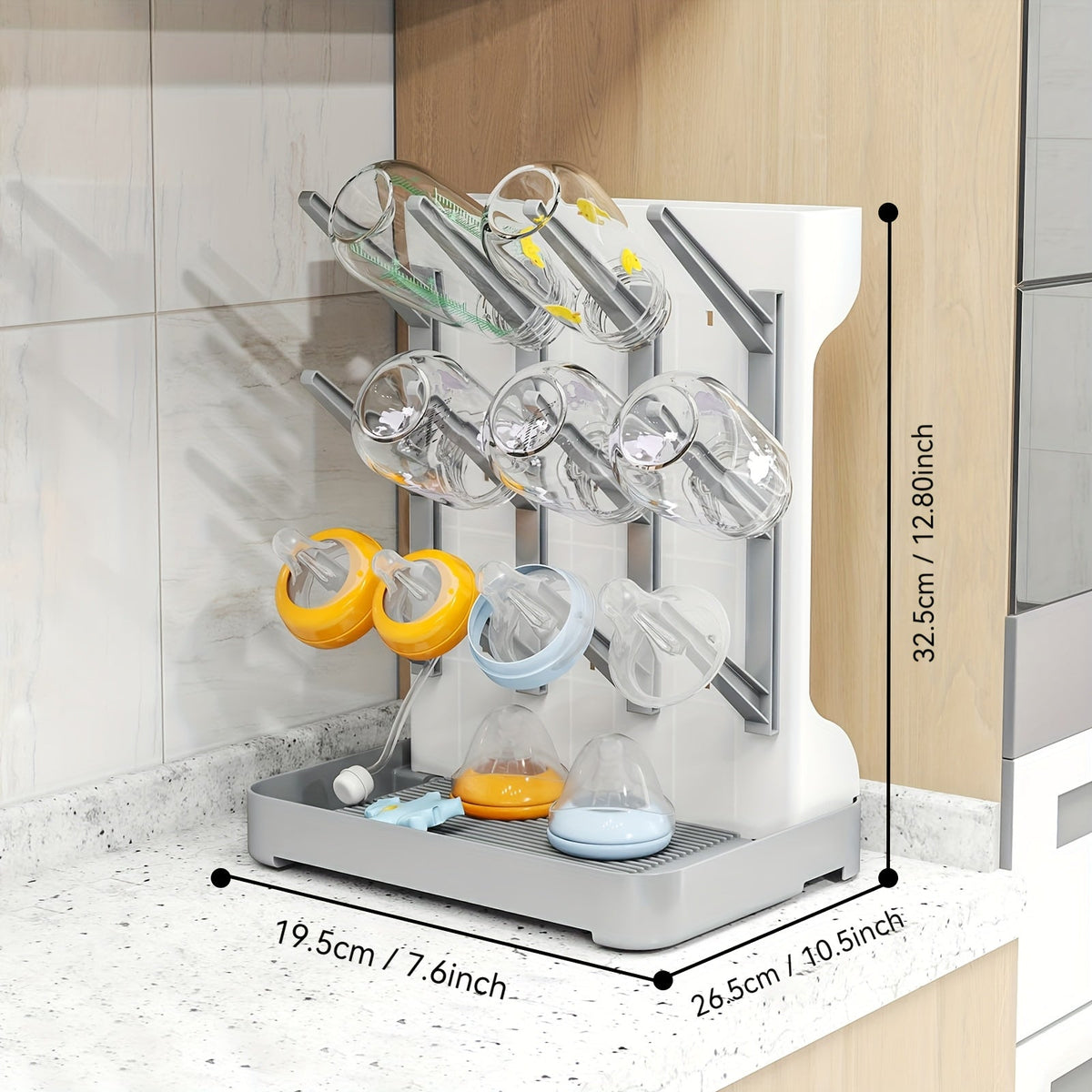 Baby Bottle Drying Rack, Vertical Angled Pegs and a Bottom Tray for Compact Kitchen Countertop Storage