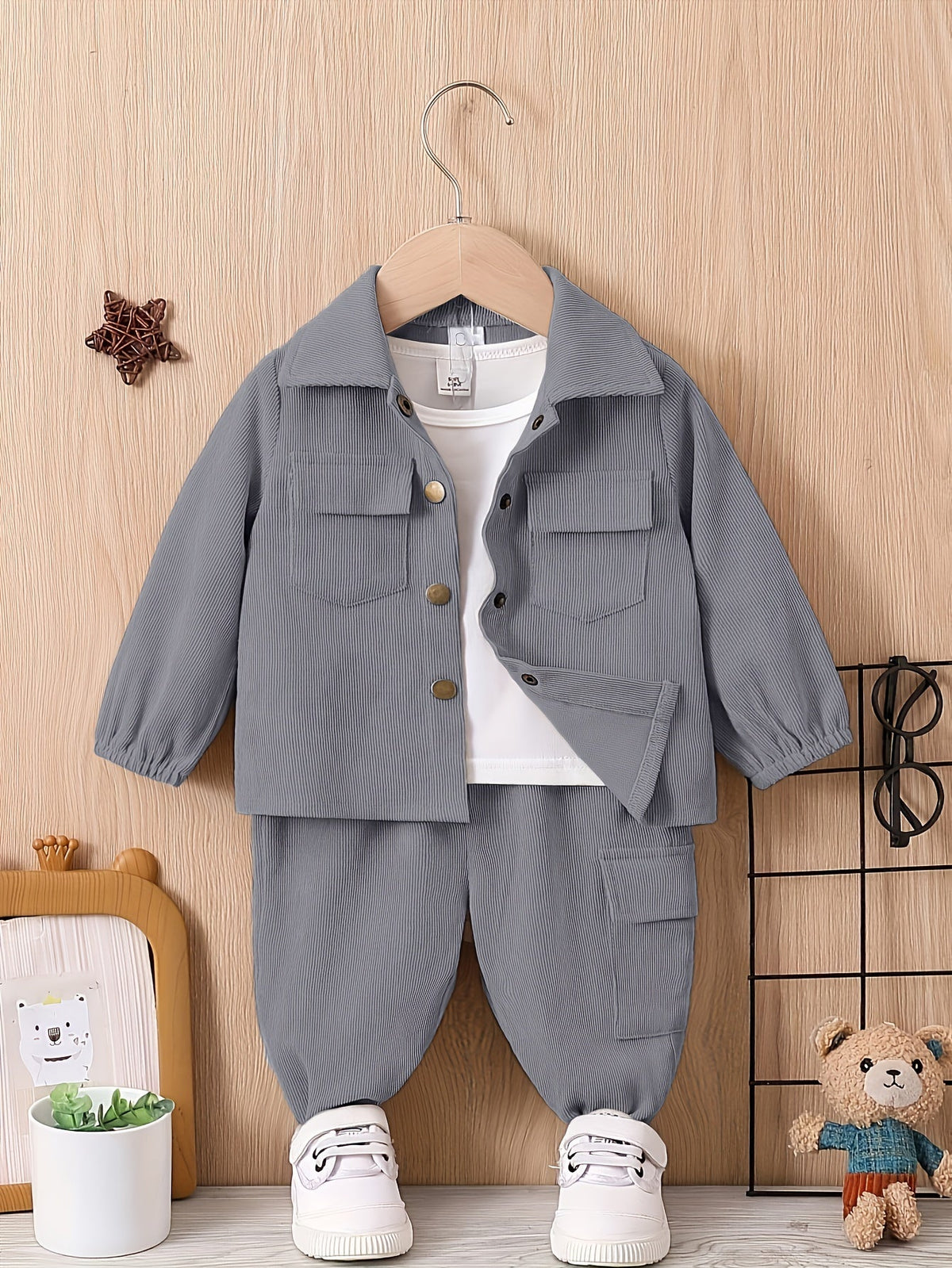Baby Boys' Jacket and Pants Set with Button Front Chest Pockets in Khaki or Dark Brown Workwear Style