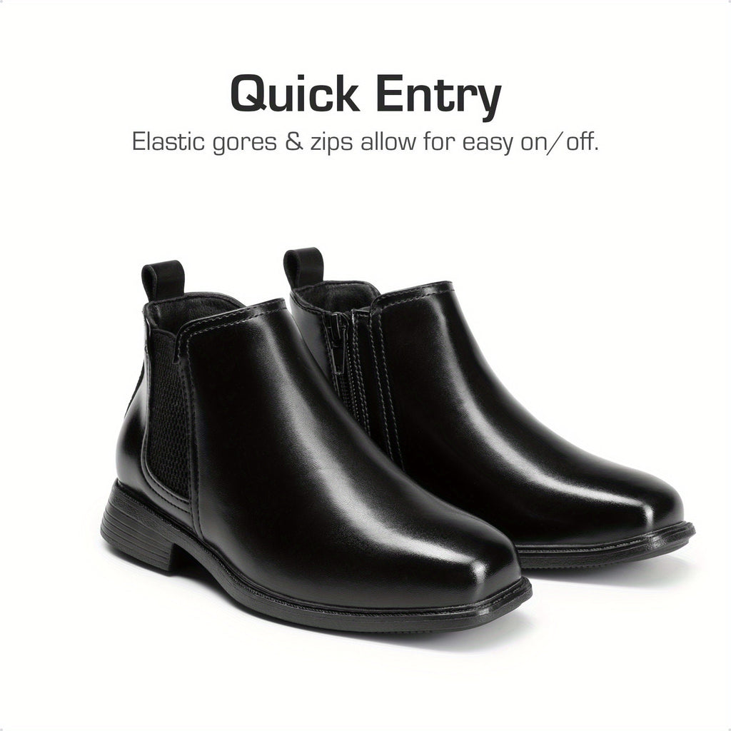 Boys' Chelsea Dress Boots with Side Zippers and Elastic Panels in Black or Camel for Smart Outfits