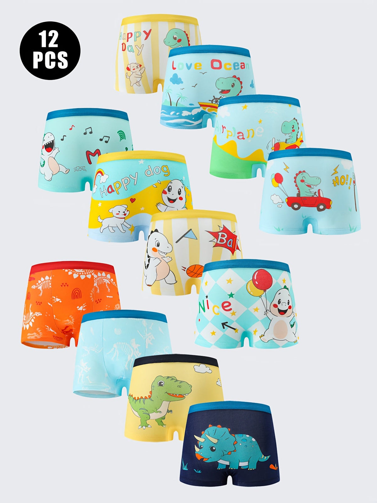 Boys' Boxer Briefs Twelve-Pack with Dinosaur and Cartoon Prints and Contrast Waistbands for Daily Changes
