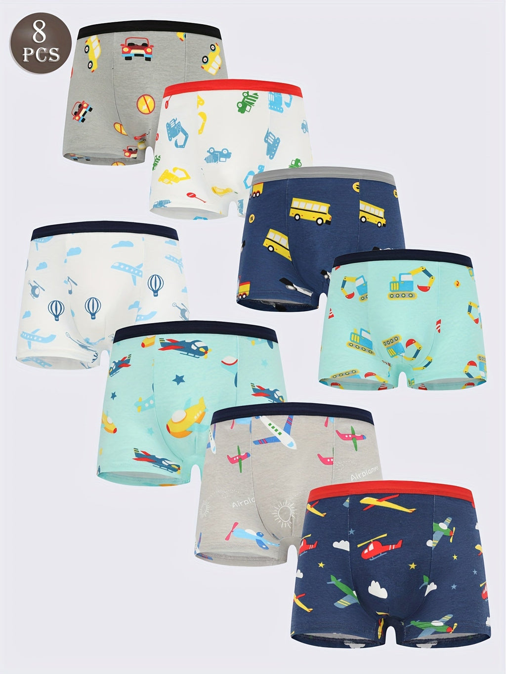 Boys' Cotton Boxer Briefs 8-Pack with Vehicle and Airplane Prints for Everyday Underwear Changes