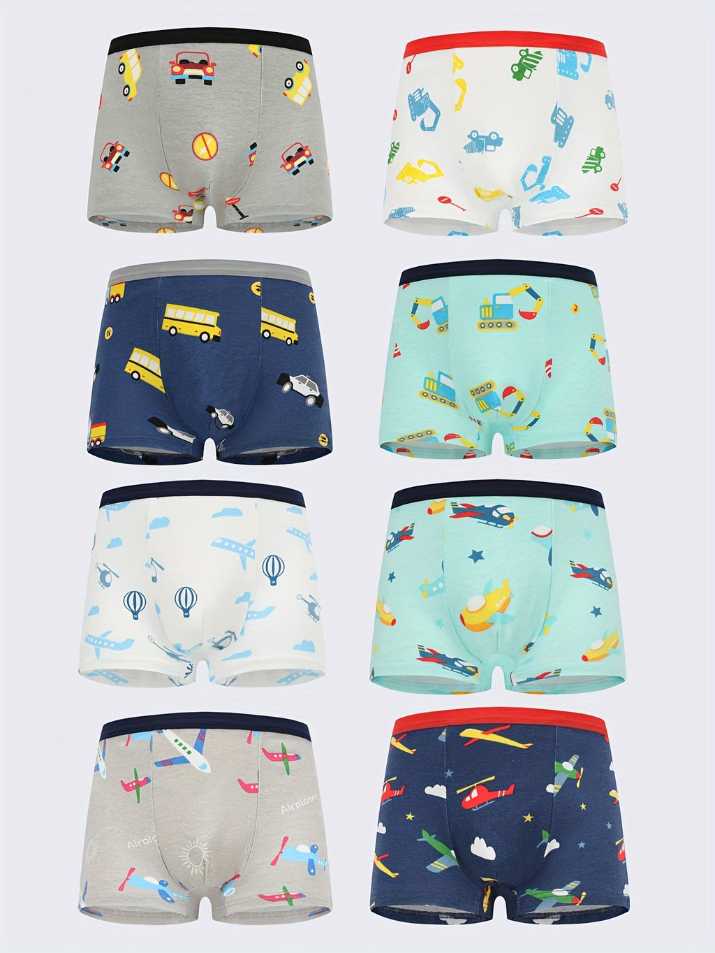 Boys' Cotton Boxer Briefs 8-Pack with Vehicle and Airplane Prints for Everyday Underwear Changes
