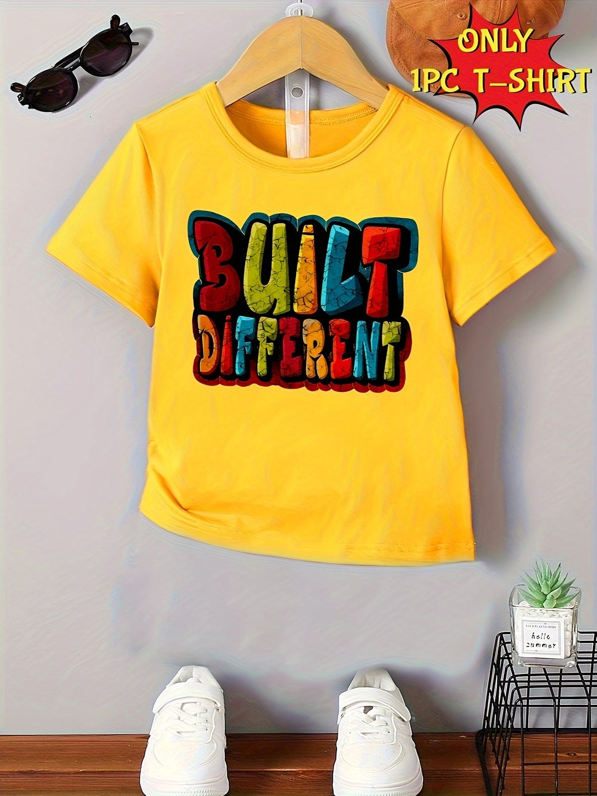 Boys' Built Different Cotton T-Shirt with Colorful Block Lettering and Short Sleeves for Summer