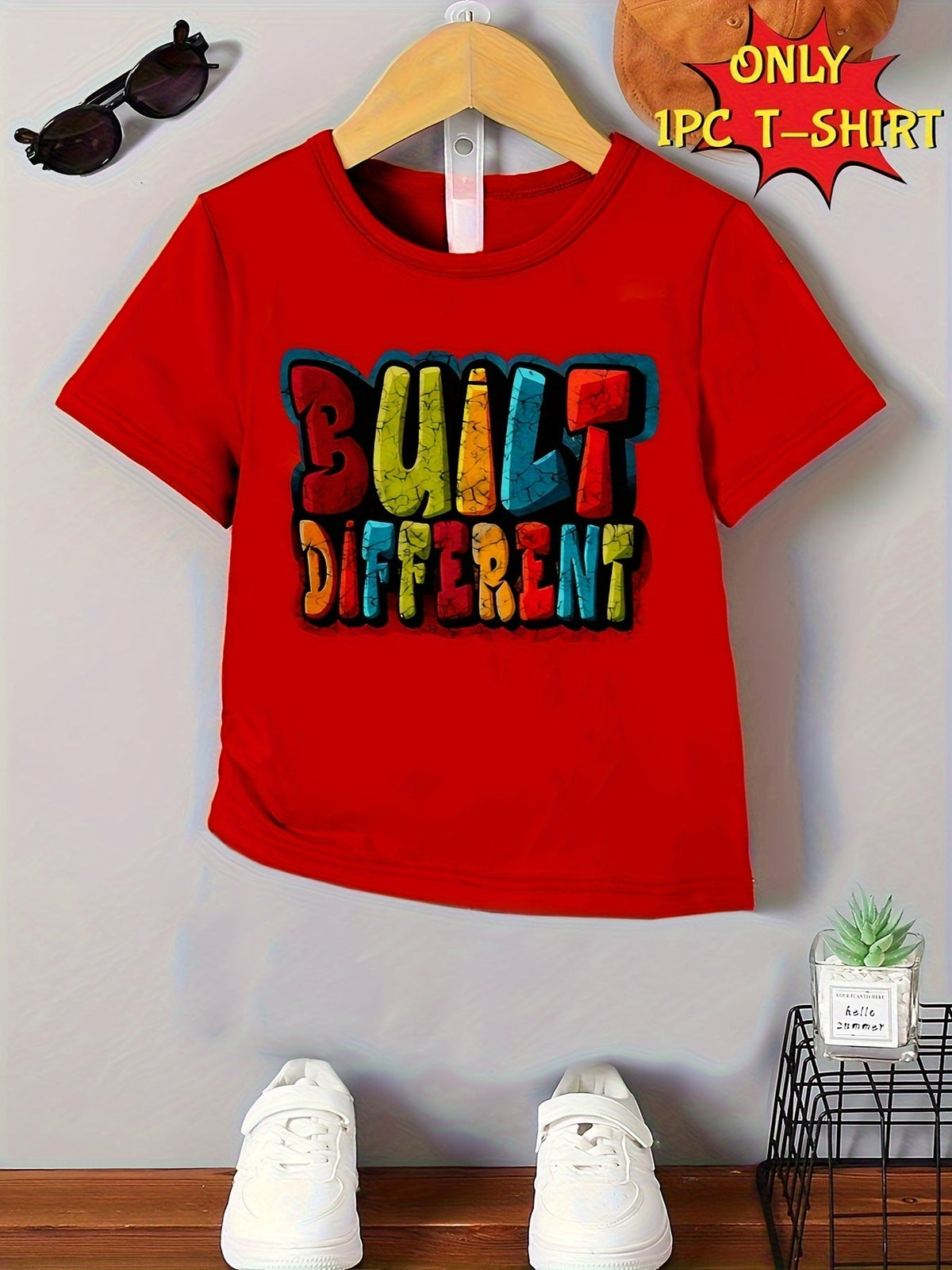 Boys' Built Different Cotton T-Shirt with Colorful Block Lettering and Short Sleeves for Summer