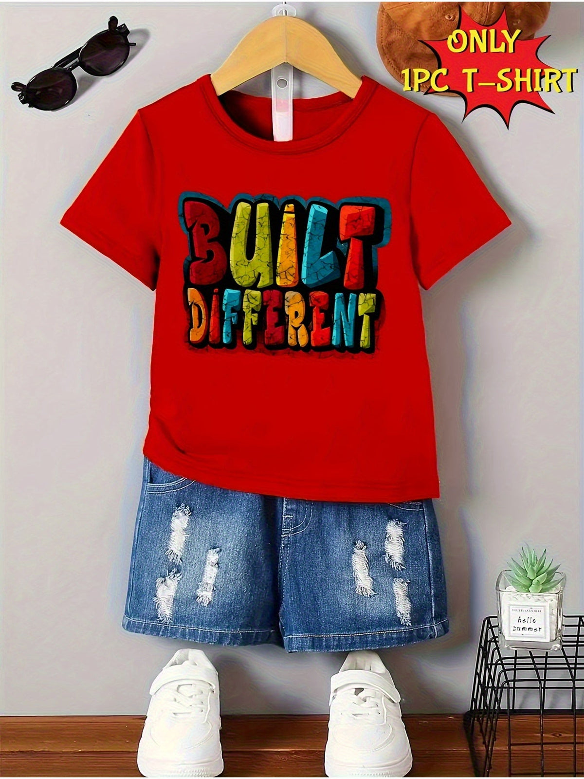 Boys' Built Different Cotton T-Shirt with Colorful Block Lettering and Short Sleeves for Summer
