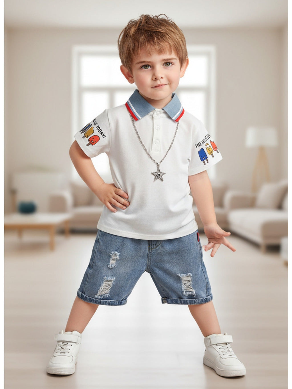 Boys' Two Piece Polo and Denim Shorts Outfit with Cartoon Sleeve Prints and Distressed Blue Shorts