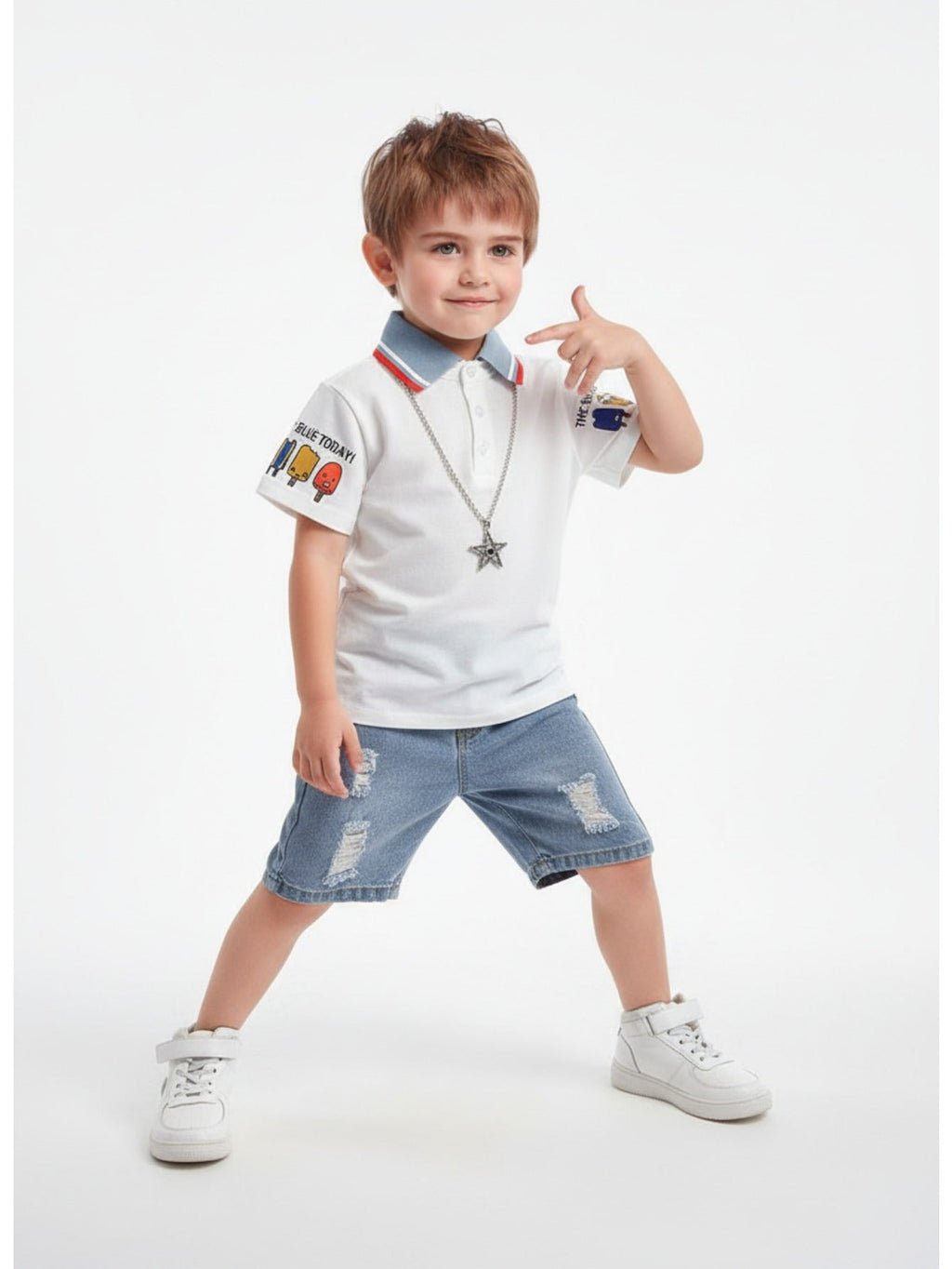 Boys' Two Piece Polo and Denim Shorts Outfit with Cartoon Sleeve Prints and Distressed Blue Shorts