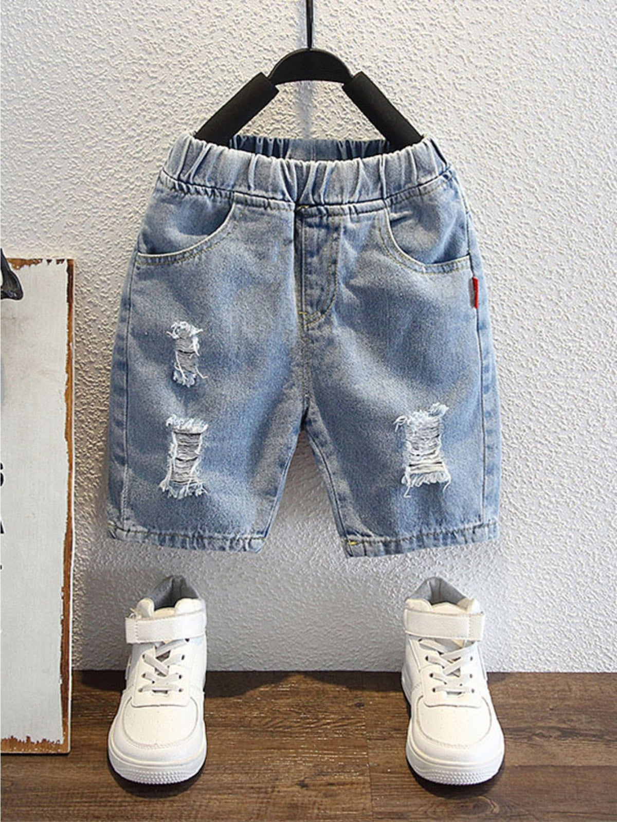 Boys' Two Piece Polo and Denim Shorts Outfit with Cartoon Sleeve Prints and Distressed Blue Shorts