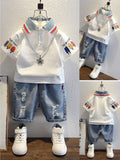 Boys' Two Piece Polo and Denim Shorts Outfit with Cartoon Sleeve Prints and Distressed Blue Shorts