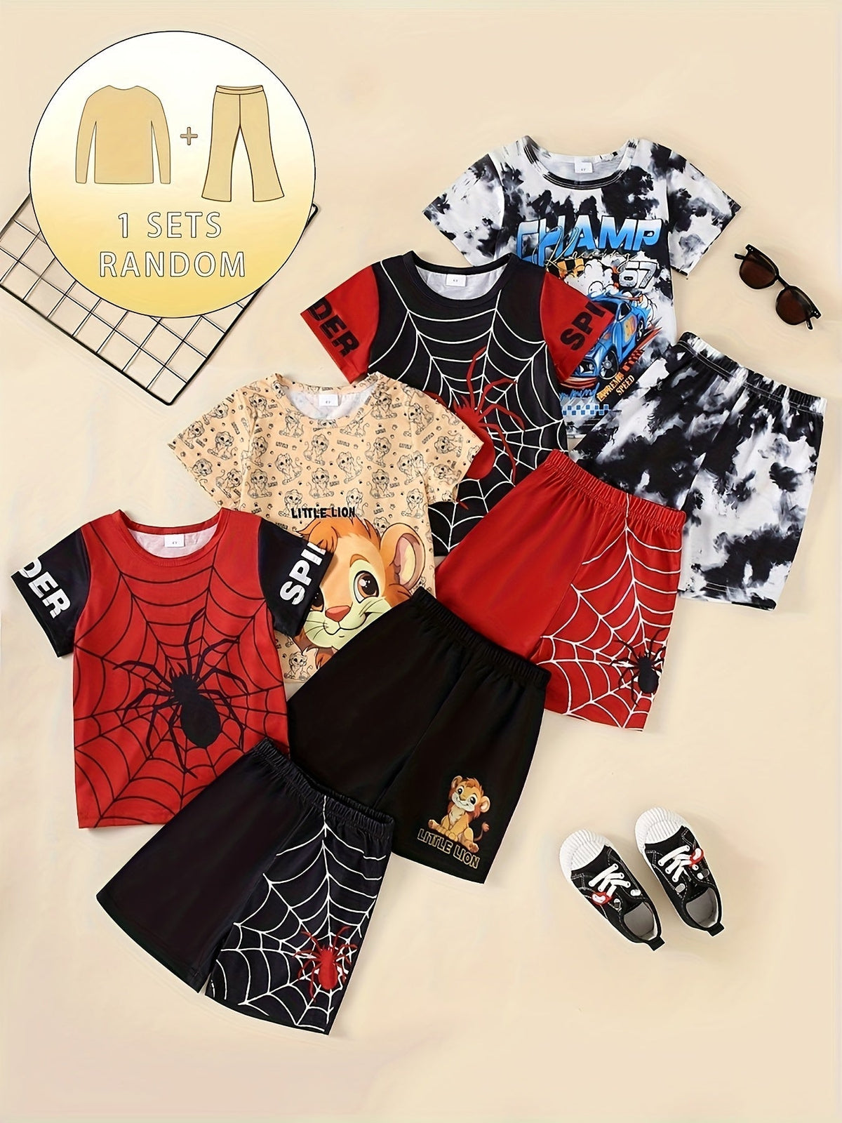 Boys' Random Shorts Outfit with Printed Short Sleeve T-Shirt, One Two-Piece Set for Summer Wear