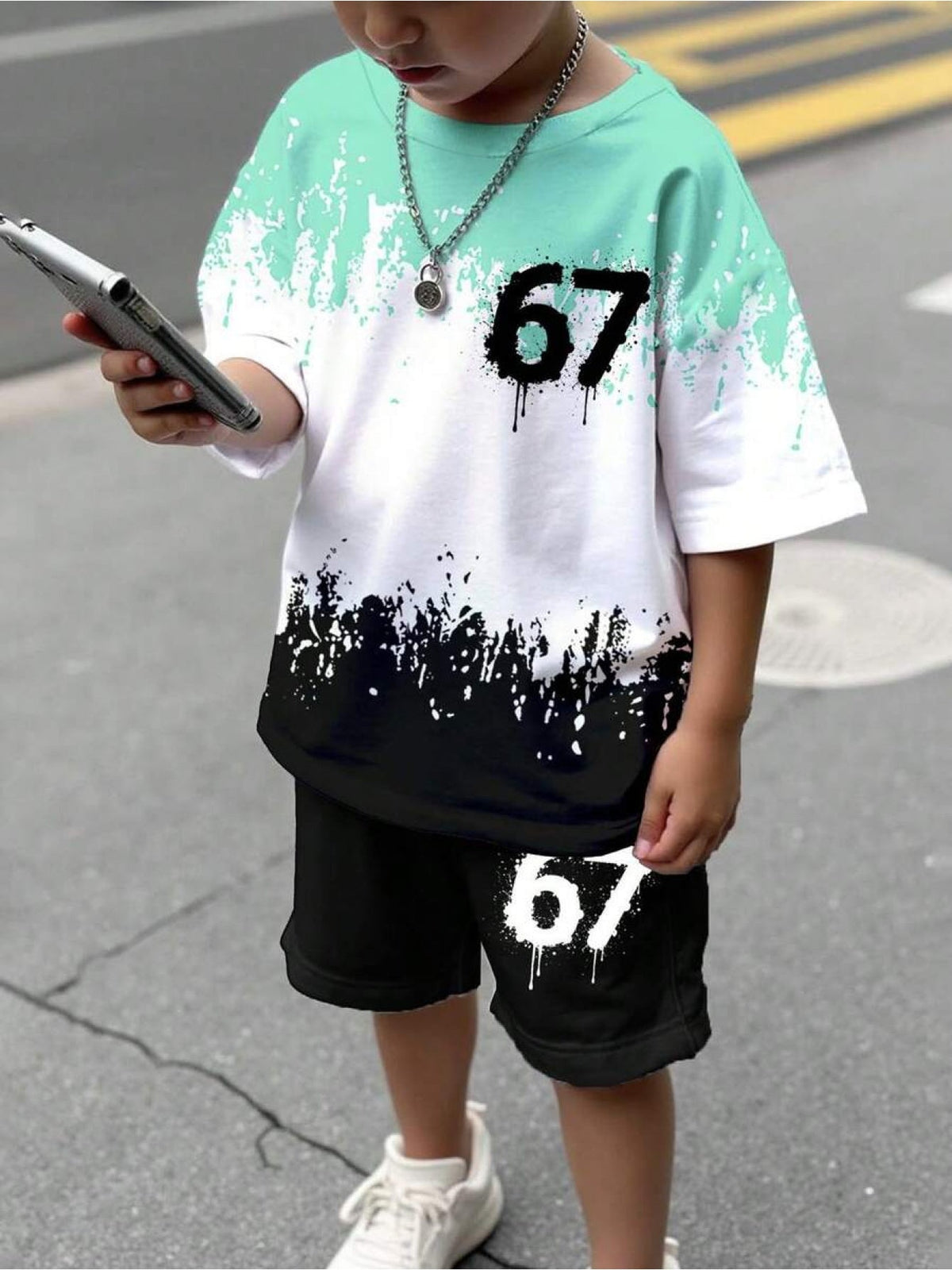 Boys' 67 Paint Splash T-Shirt and Shorts Set in Mint White and Black with a Short Sleeve Crew Neck Top