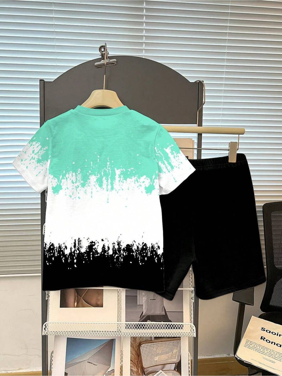 Boys' 67 Paint Splash T-Shirt and Shorts Set in Mint White and Black with a Short Sleeve Crew Neck Top
