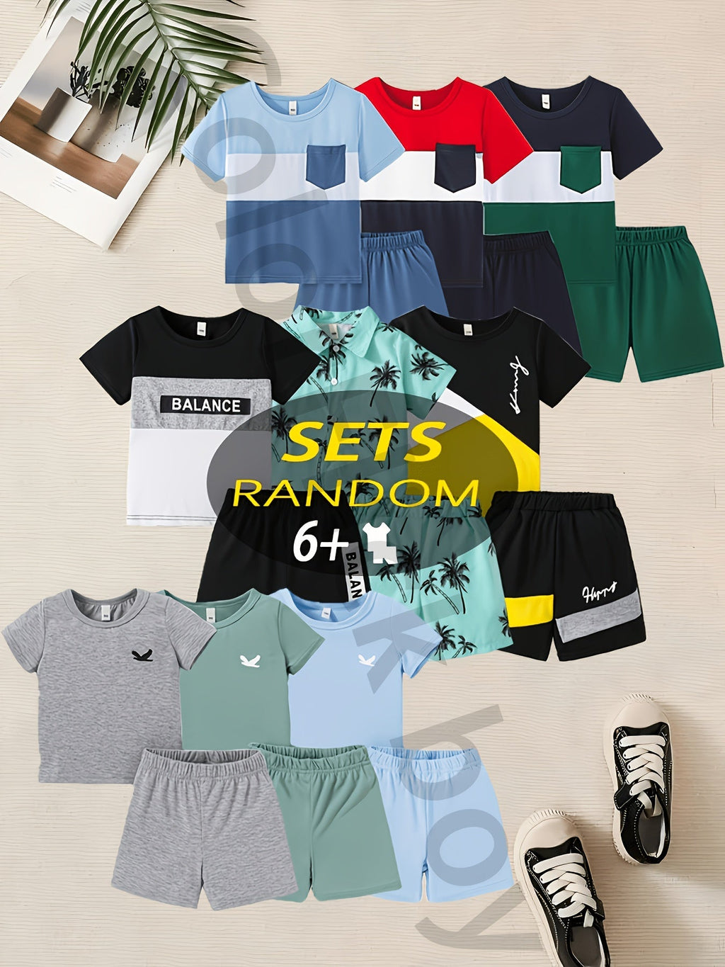Boys' Twelve Piece Summer Outfit Pack with Six Randomly Assorted Shirts and Six Matching Shorts