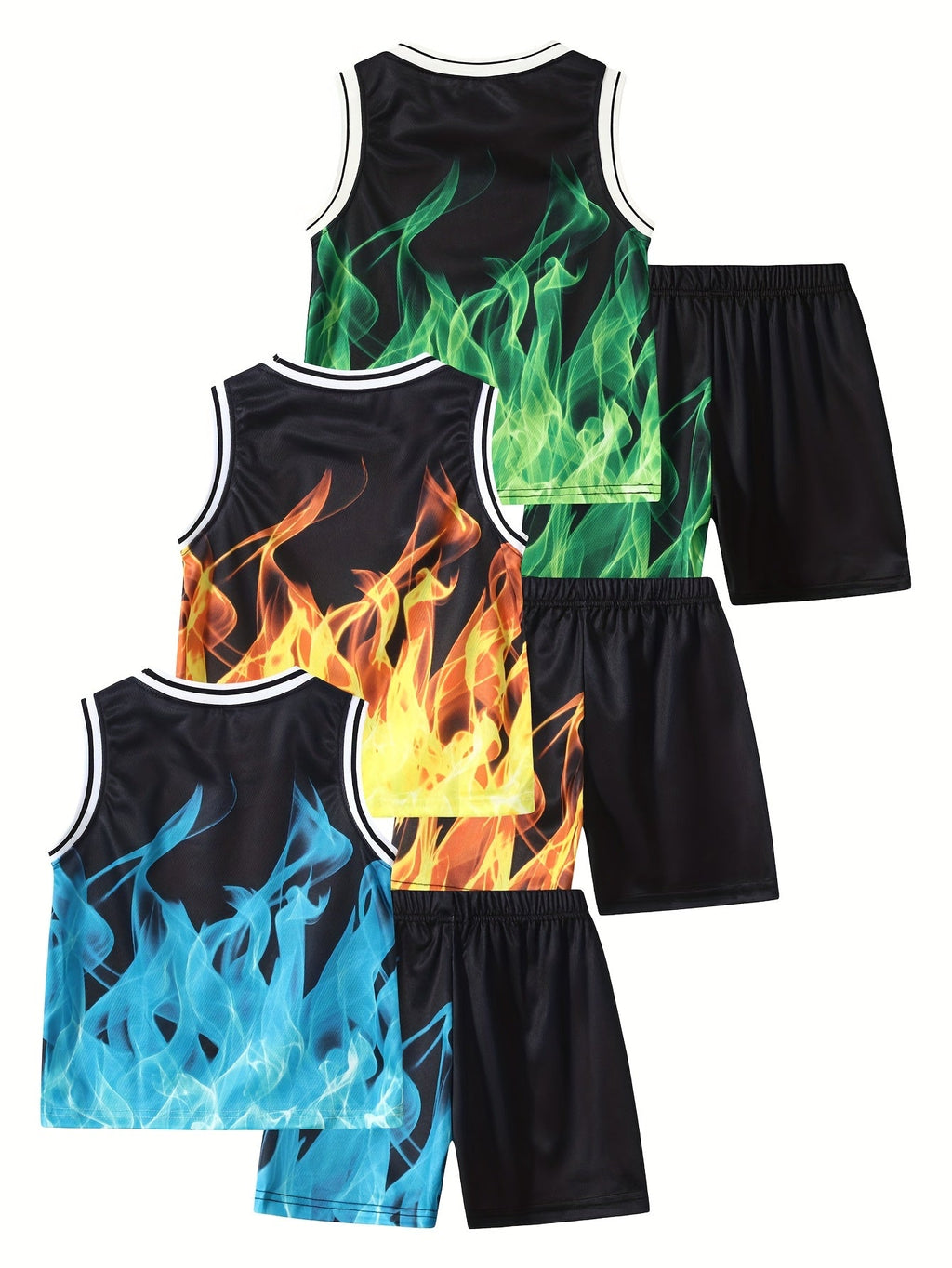 Boys' Flame Print Outfit Set with Three Number 23 Tank Tops and Matching Shorts for Summer Casual Wear