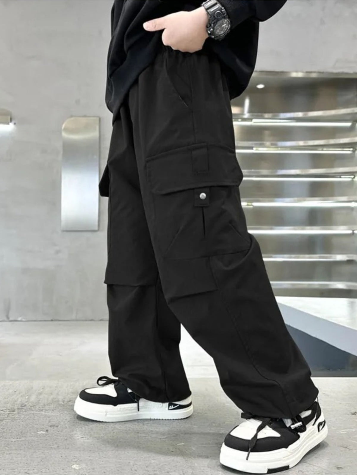 Boys' Nylon Cargo Pants 2-Pack in Military Green and Black with Large Pockets for Casual School Outfits