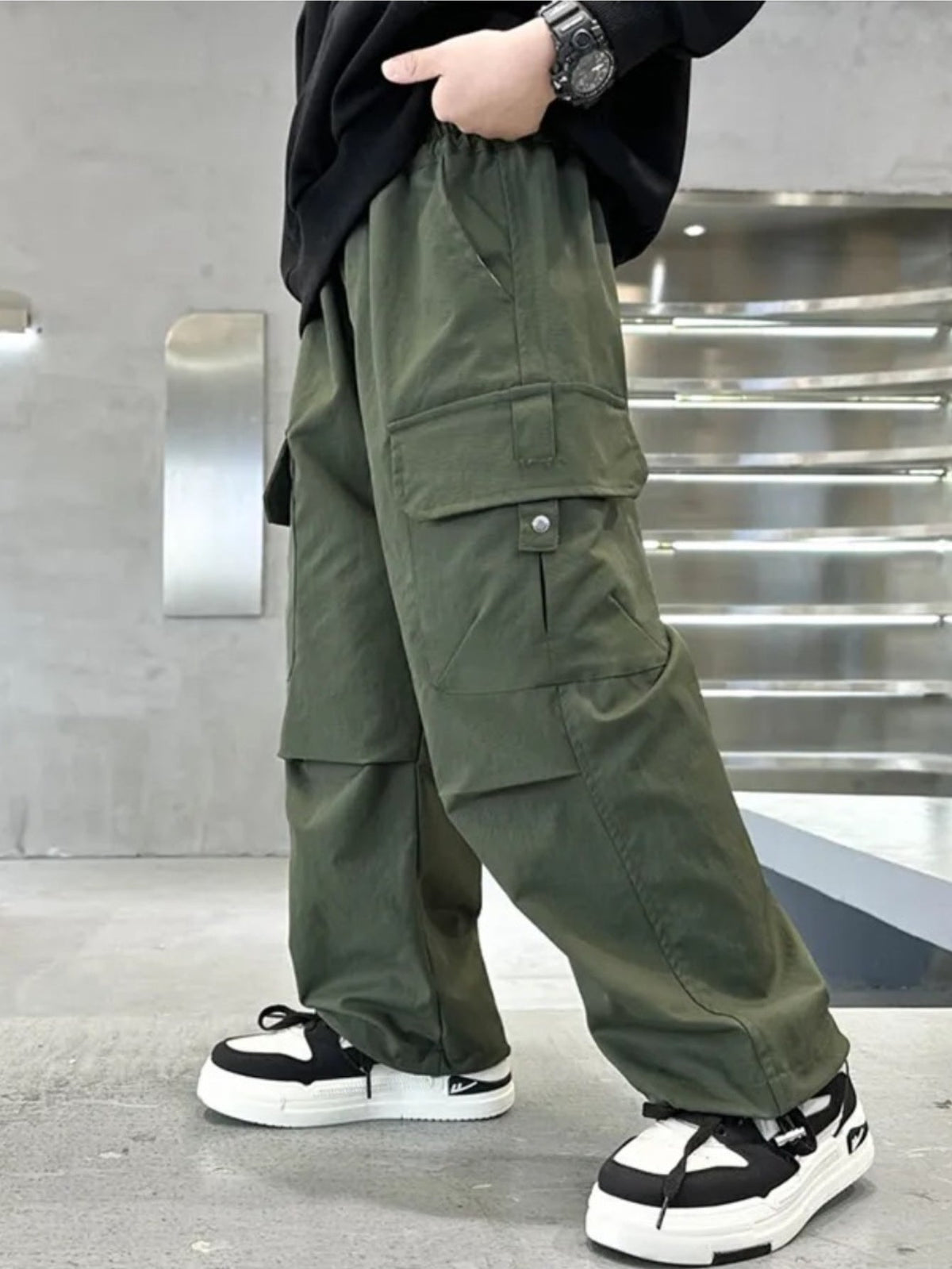 Boys' Nylon Cargo Pants 2-Pack in Military Green and Black with Large Pockets for Casual School Outfits