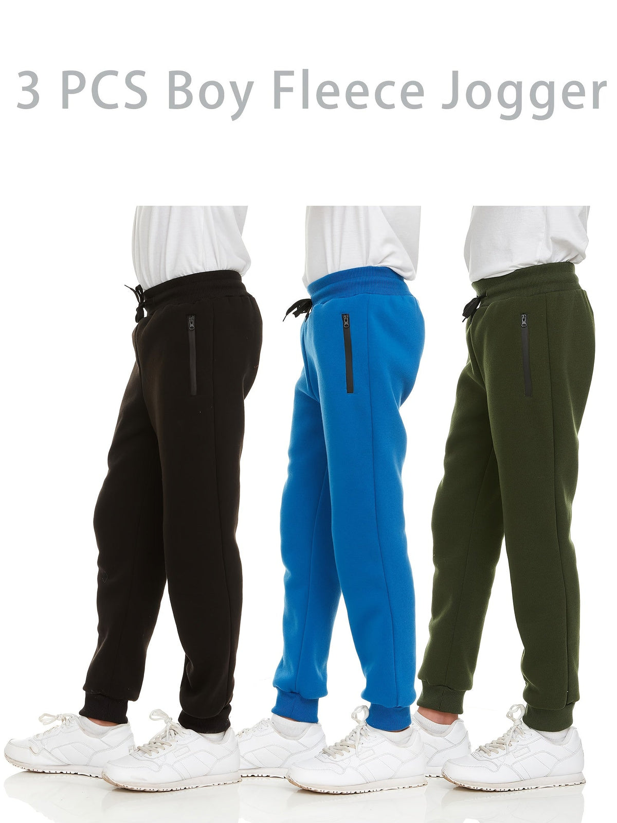 Boys' Fleece Jogger Pants 3-Pack with Zipper Pockets and Drawstring Waists for Sports and Casual Wear