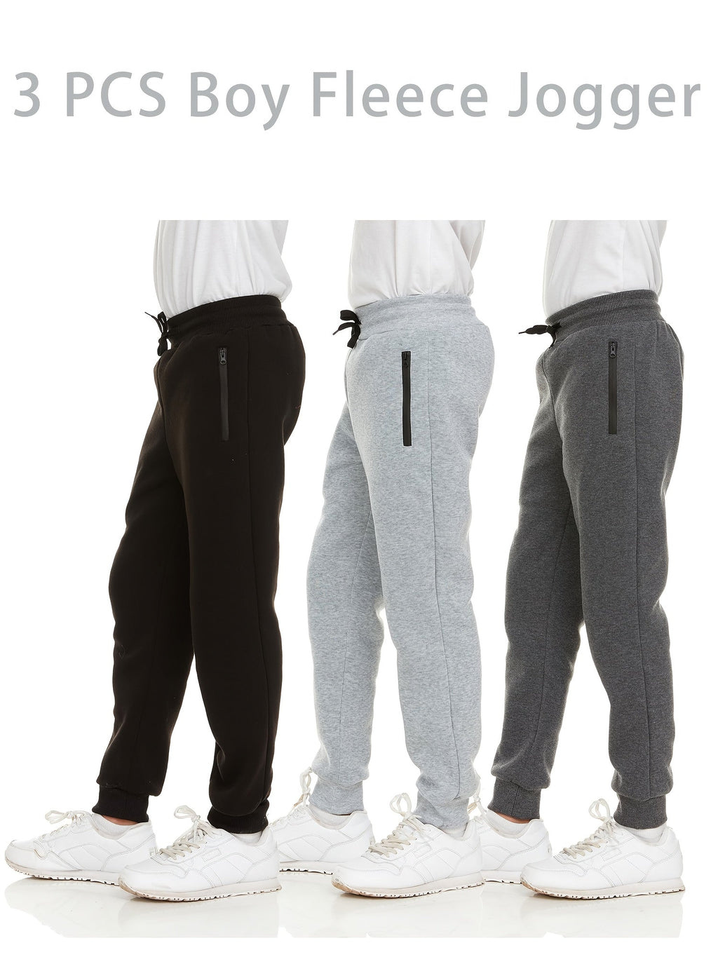 Boys' Fleece Jogger Pants 3-Pack with Zipper Pockets and Drawstring Waists for Sports and Casual Wear