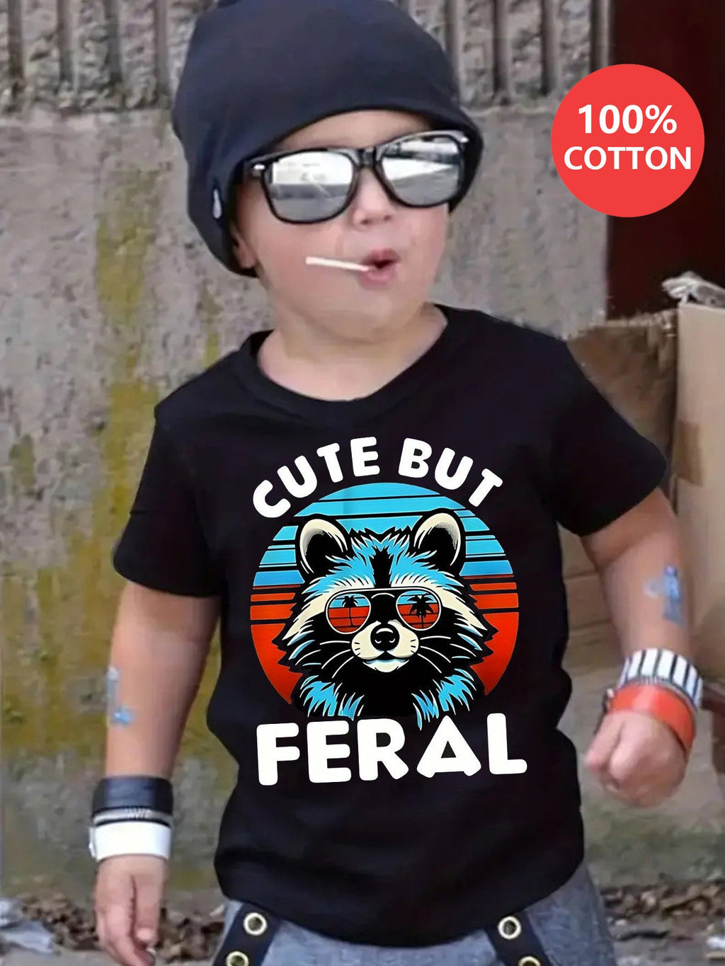 Boys' Raccoon Cotton T-Shirt in Black with Cute But Feral Graphics and a Colorful Retro Stripe Print