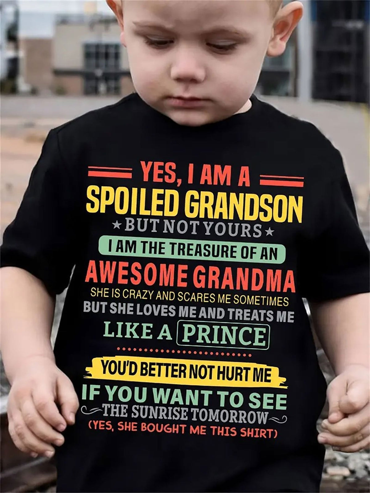 Boys' Spoiled Grandson Cotton T-Shirt in Black with Colorful Grandma Lettering for Casual Family Outfits