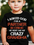 Boys' Crazy Grandma Partner in Crime T-Shirt in Black with Red and White Lettering for Casual Outfits