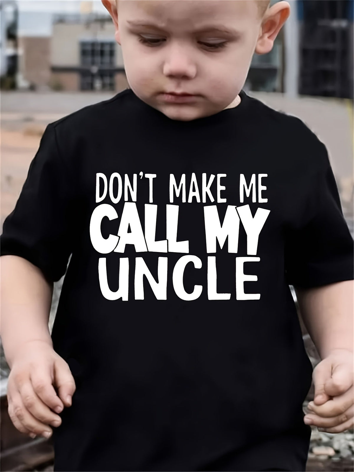 Boys' Don't Make Me Call My Uncle T-Shirt in Black with Bold White Lettering and a Relaxed Crew Neck Fit