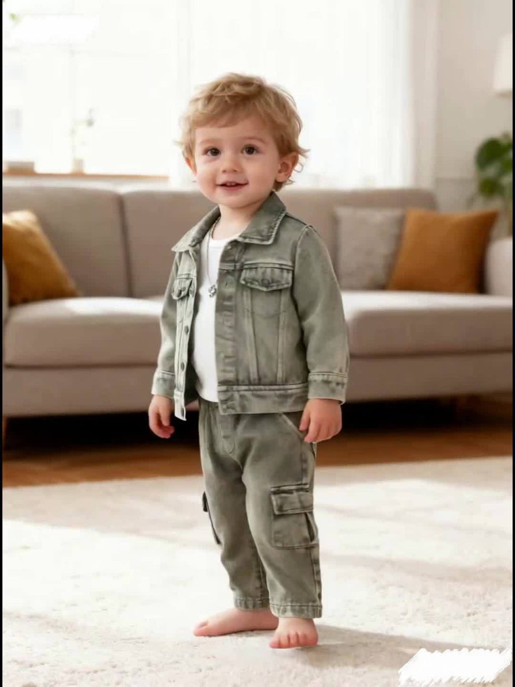 Baby Boys' Green Denim Cargo Set with a Button Front Jacket and Matching Pocket Pants for Casual Wear