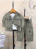 Baby Boys' Green Denim Cargo Set with a Button Front Jacket and Matching Pocket Pants for Casual Wear