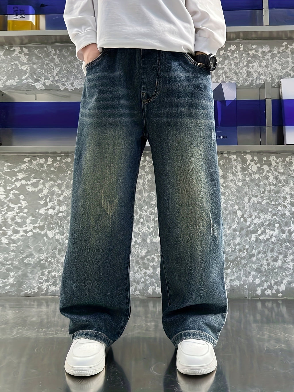 Boys' Wide Leg Denim Jeans in Washed Blue with Back Patch Pockets for Relaxed Everyday Outfits