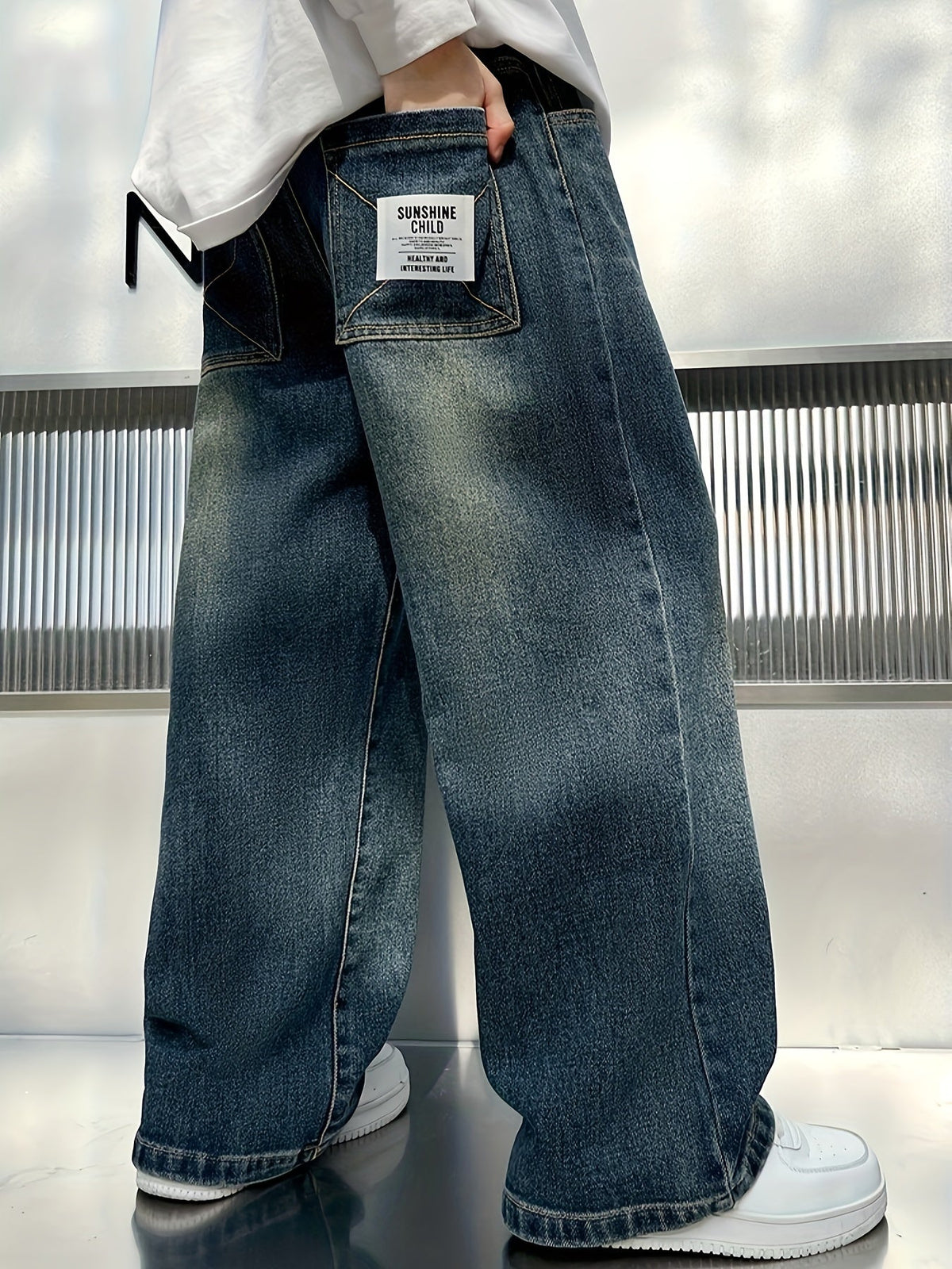 Boys' Wide Leg Denim Jeans in Washed Blue with Back Patch Pockets for Relaxed Everyday Outfits