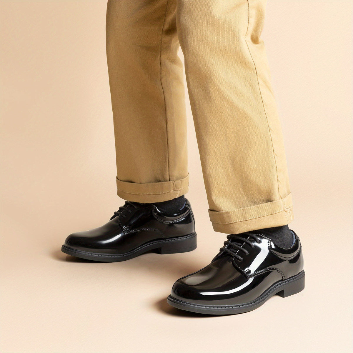 Boys' Dress Shoes in Black or White with Open Lace-Up Panels and a Plain Rounded Toe for Formal Outfits