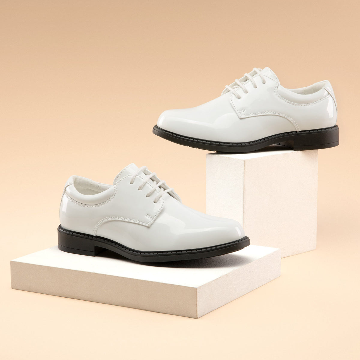 Boys' Dress Shoes in Black or White with Open Lace-Up Panels and a Plain Rounded Toe for Formal Outfits
