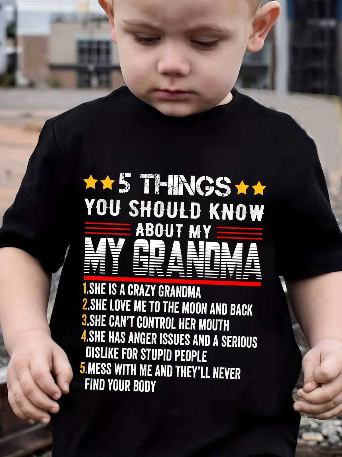 Boys' Five Things About My Grandma Cotton T-Shirt in Black with White Lettering and Star Print Details
