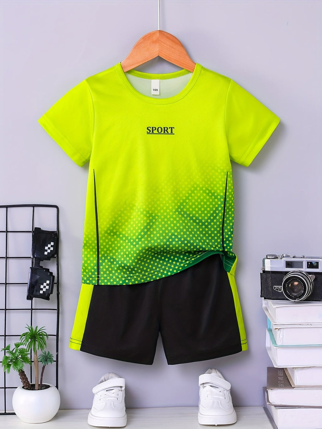 Boys' Shorts Set with a Bright SPORT Graphic T-Shirt and Contrast Stripe Shorts for Summer Activities