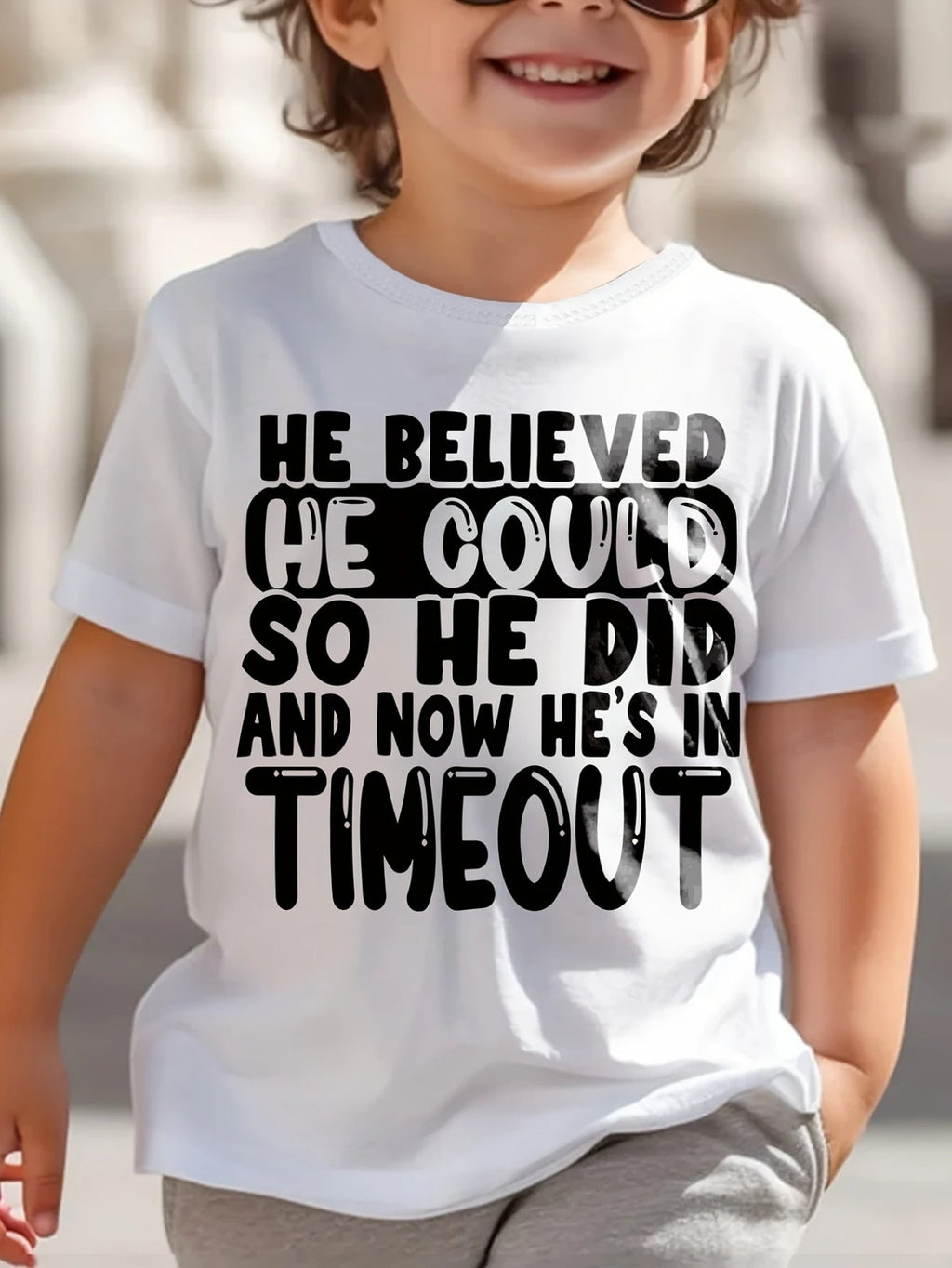 Boys' He Believed He Could Cotton T-Shirt in White with Funny Timeout Quote for Casual Everyday Wear