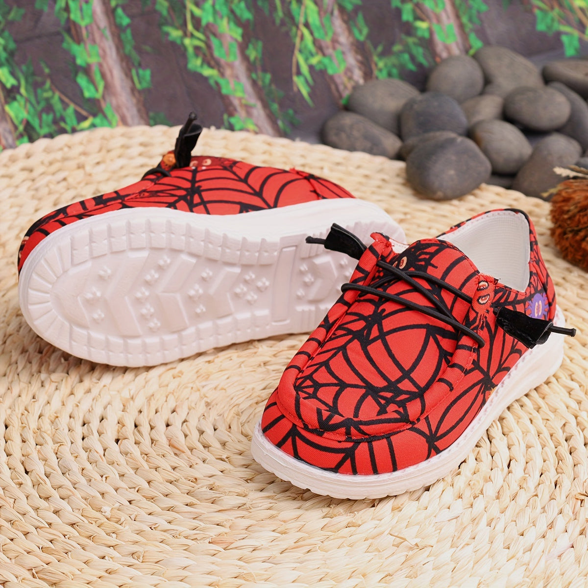 Boys' Red Printed Sneakers with Black Spiderweb Graphics and Knotted Cord Fronts for Casual Outfits
