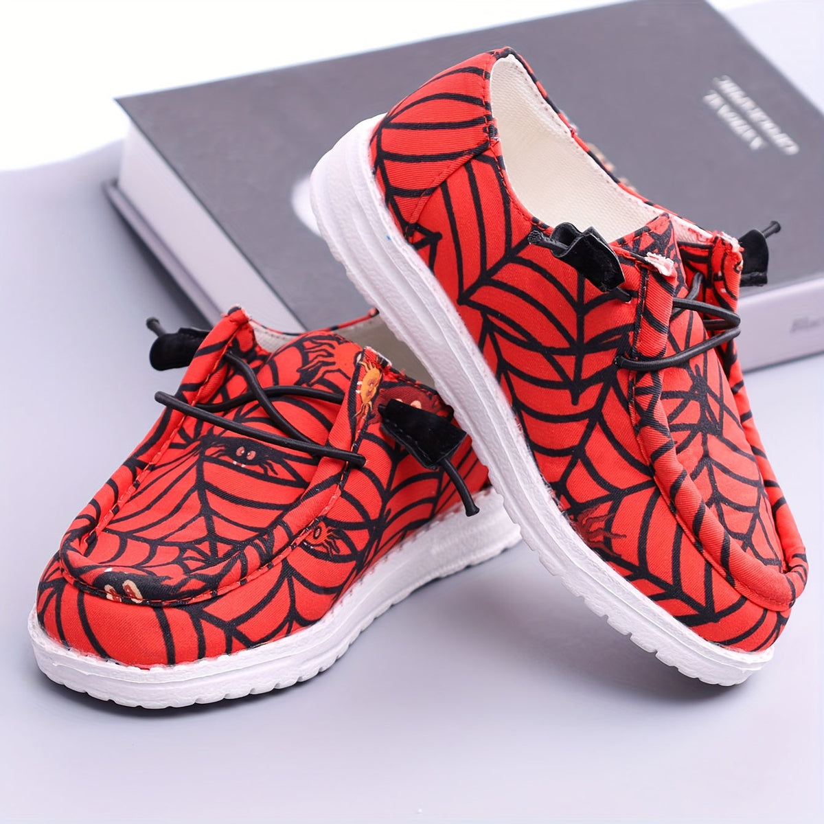 Boys' Red Printed Sneakers with Black Spiderweb Graphics and Knotted Cord Fronts for Casual Outfits