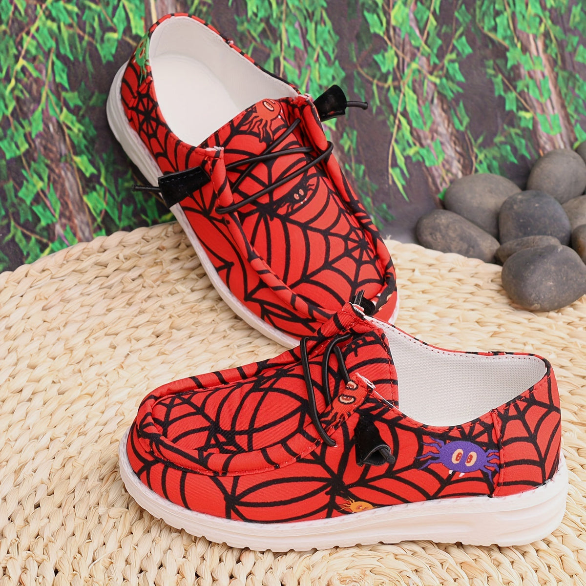 Boys' Red Printed Sneakers with Black Spiderweb Graphics and Knotted Cord Fronts for Casual Outfits