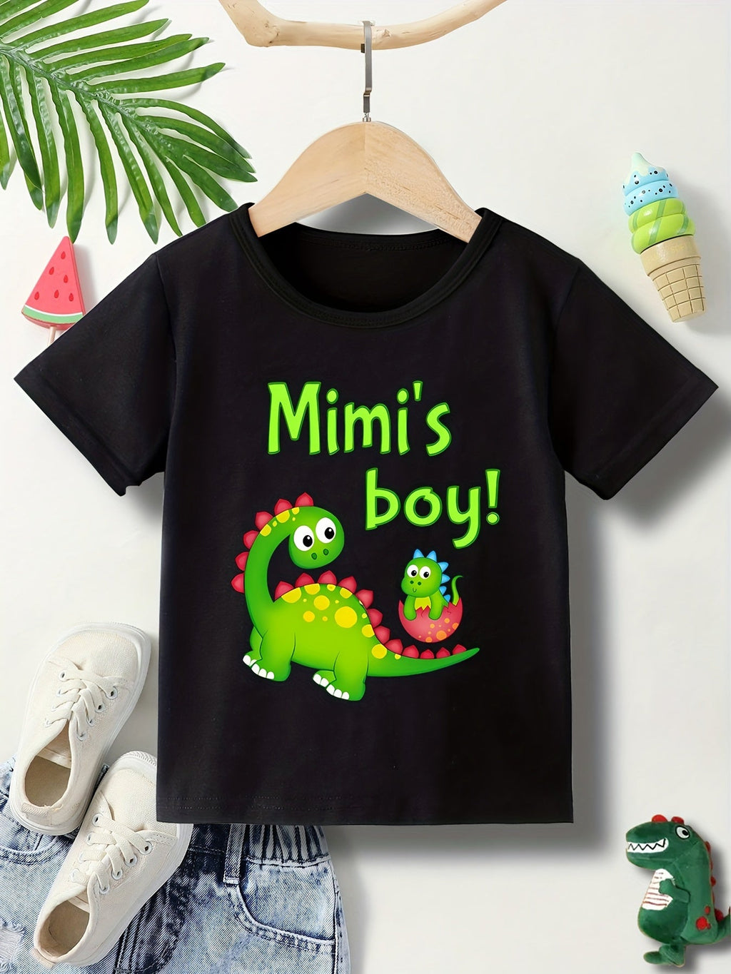 Boys' Mimi's Boy Dinosaur T-Shirt in Black with a Crew Neck and Short Sleeves for Playful Everyday Outfits