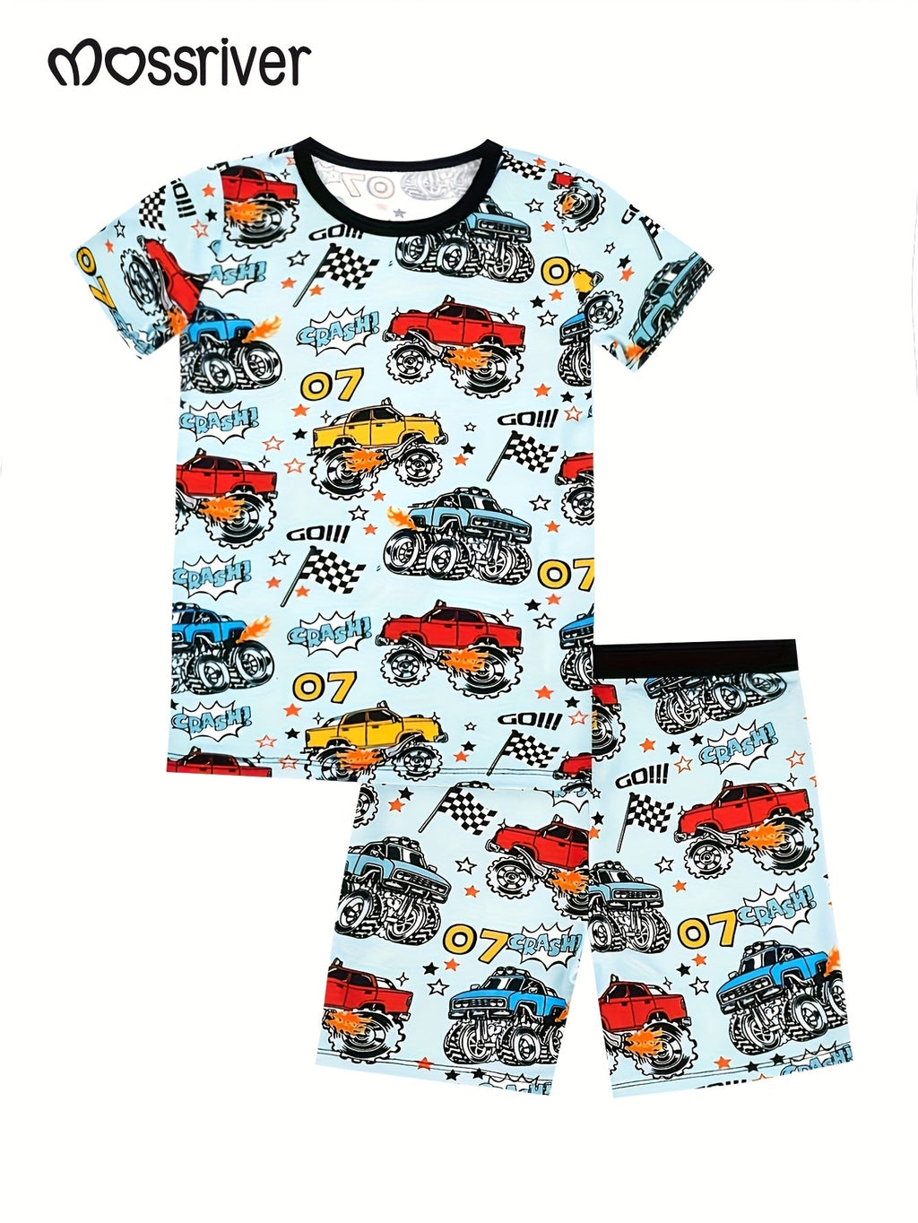 Boys' Monster Truck Pajama Set in Powder Blue with Short Sleeves and Matching Shorts for Bedtime Wear