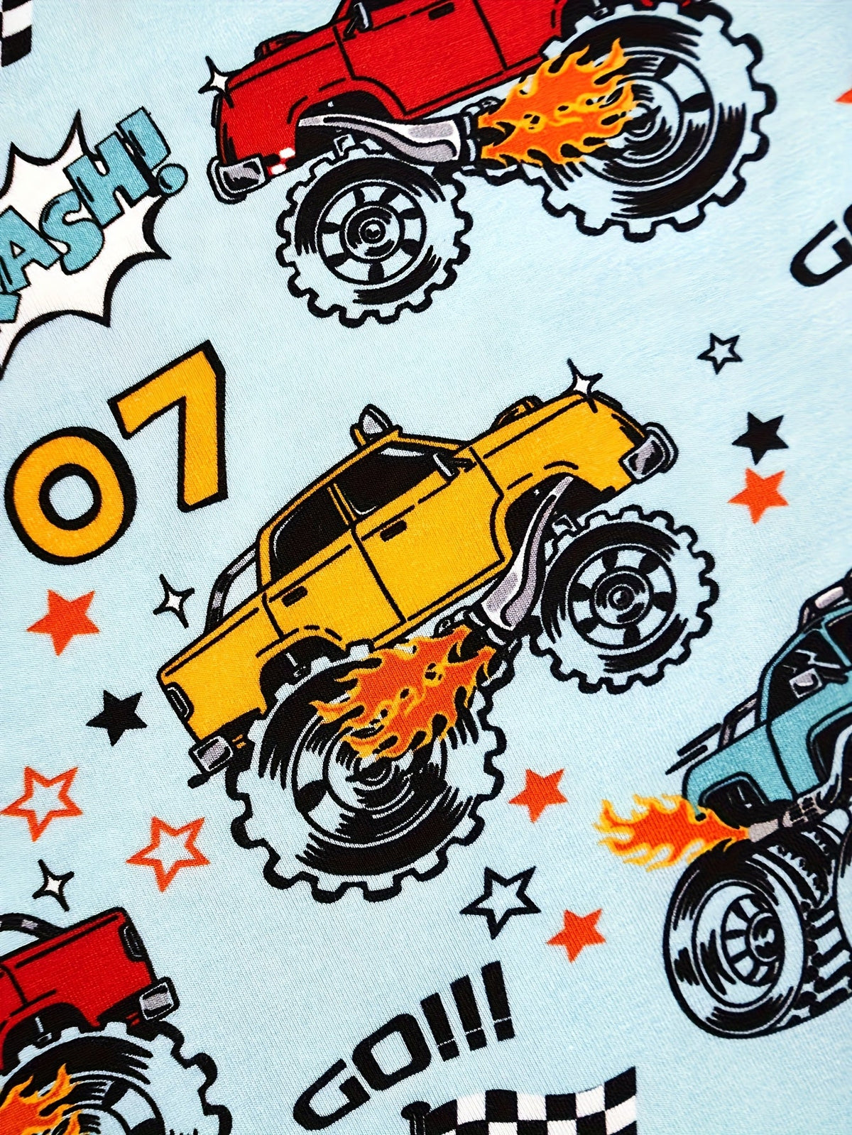 Boys' Monster Truck Pajama Set in Powder Blue with Short Sleeves and Matching Shorts for Bedtime Wear