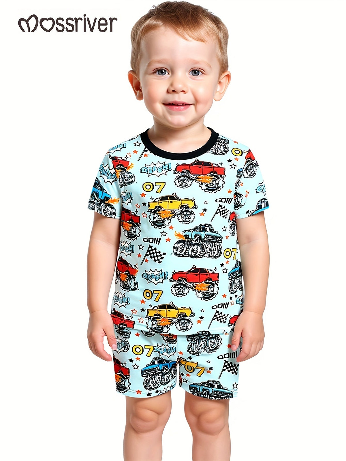 Boys' Monster Truck Pajama Set in Powder Blue with Short Sleeves and Matching Shorts for Bedtime Wear