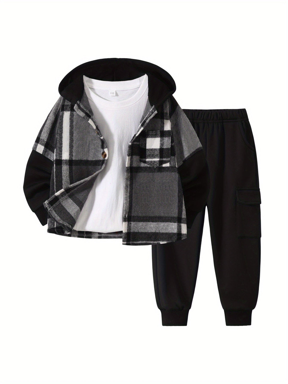 Boys' Plaid Hooded Outfit Set with a Color Block Jacket and Cargo Jogger Pants for Cool Weather Wear