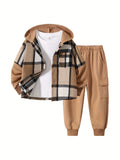 Boys' Plaid Hooded Outfit Set with a Color Block Jacket and Cargo Jogger Pants for Cool Weather Wear