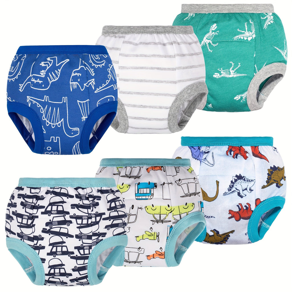 Boys' Dinosaur Training Pants Six Pack with Cotton Outer Fabric and Elastic Openings for Daytime Potty Practice