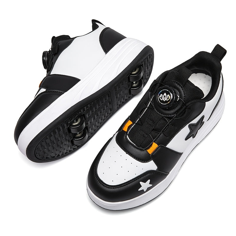 Boys Roller Shoes with Removable Wheels and Dial Fastenings in Black-and-White Two- or Four-Wheel Styles