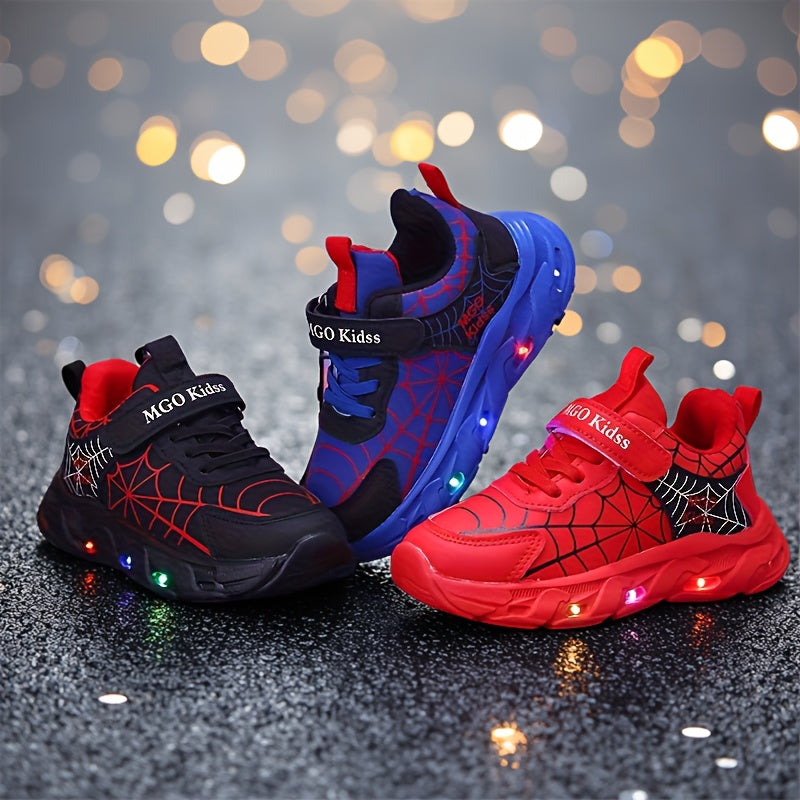 Boys' Light-Up Sneakers with Spiderweb Graphics and an Instep Strap in Red, Black or Blue for Playtime