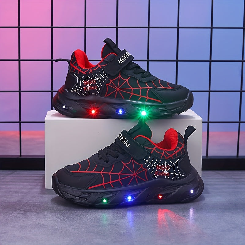 Boys' Light-Up Sneakers with Spiderweb Graphics and an Instep Strap in Red, Black or Blue for Playtime